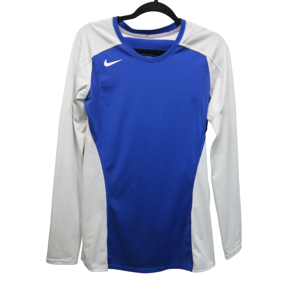 Nike Dri Fit Long Sleeve Shirt M‎ Tall White Blue Athletic Running Womens